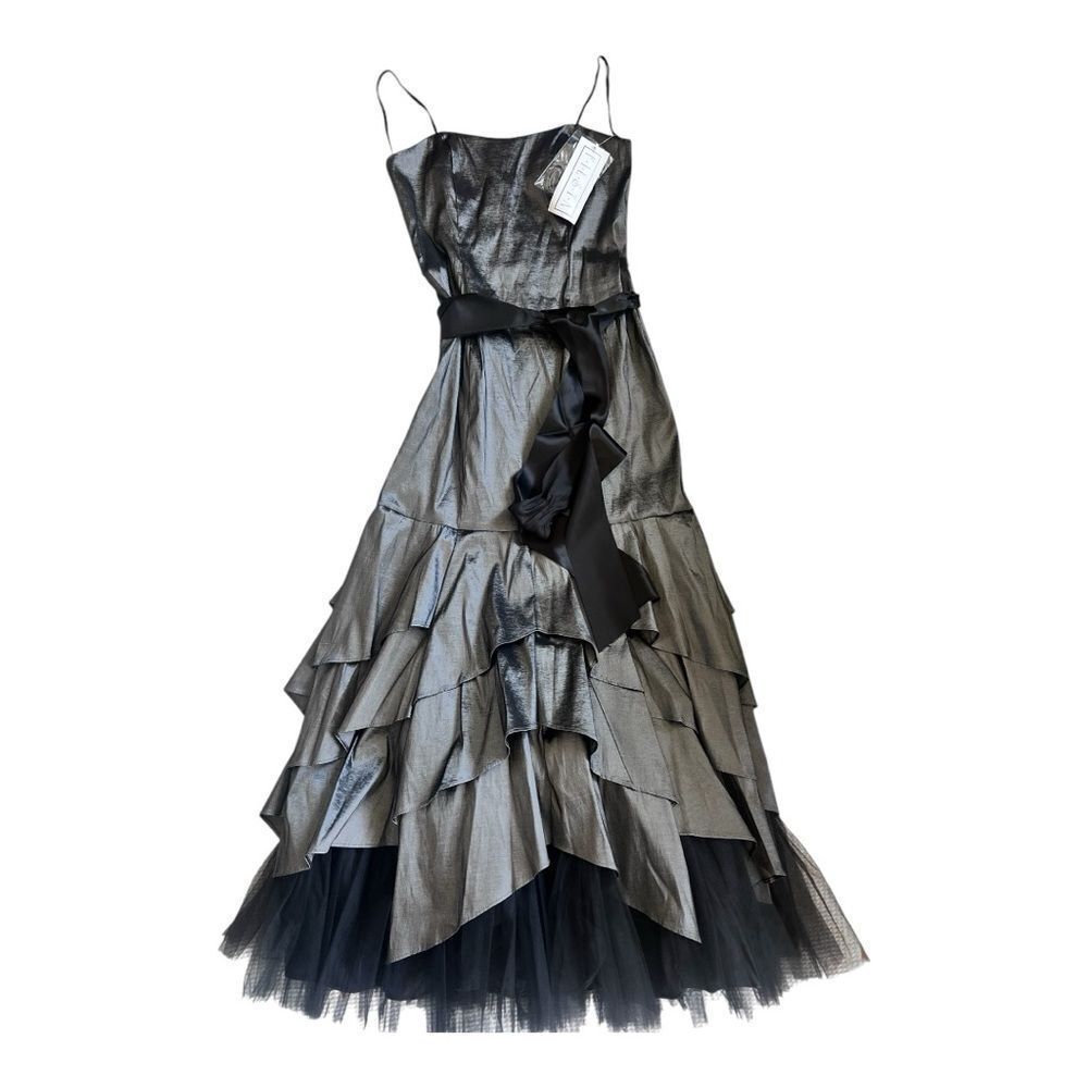 Vintage Fiesta Elegant Silver Tiered 90's Evening Prom Mermaid Gown Dress Sz S